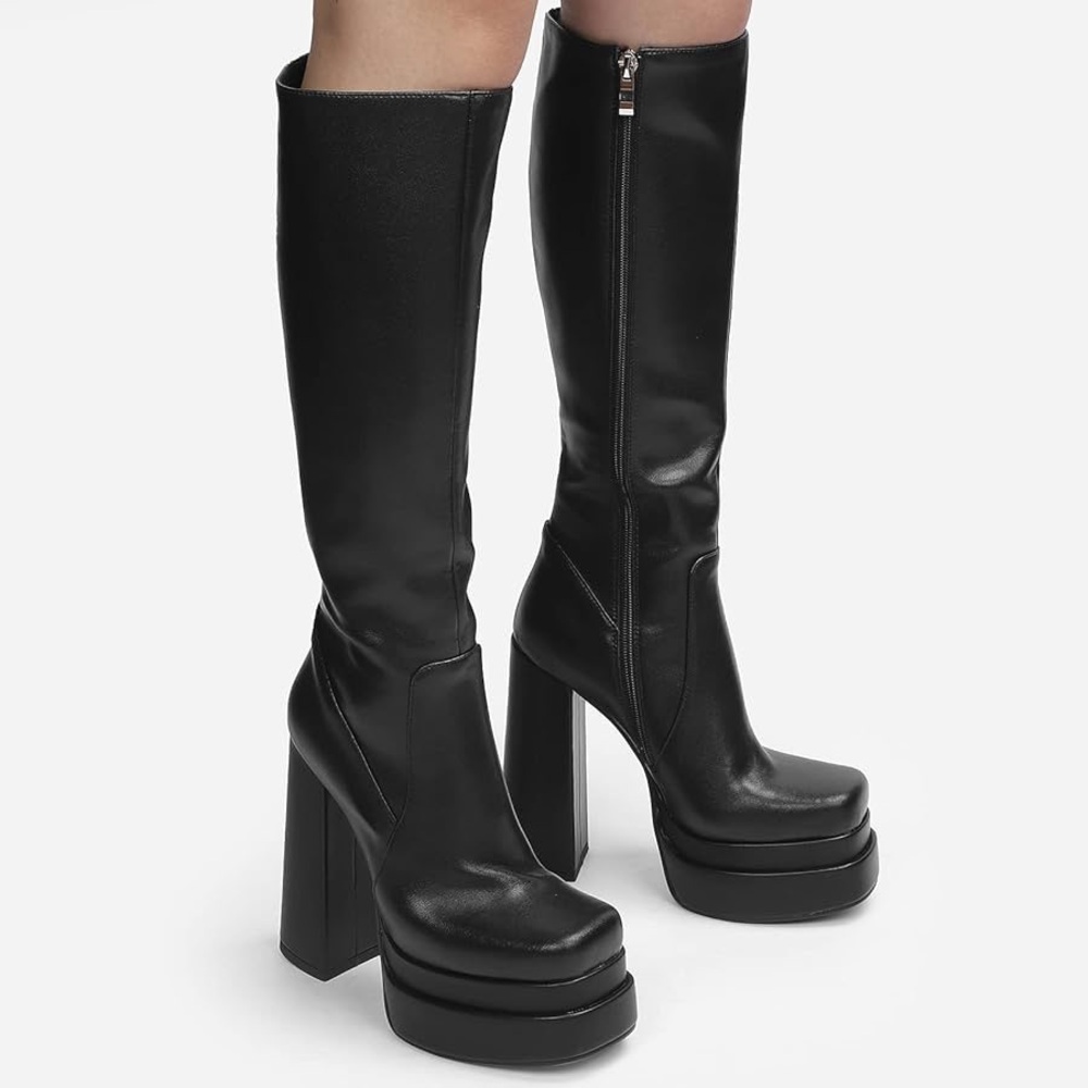 LEHOOR Chunky High Heel Platform Knee High Boots